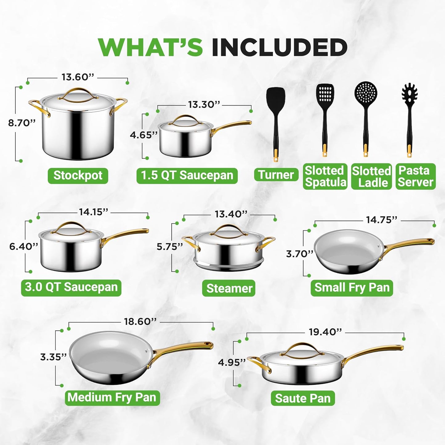 NutriChef 16-Piece Stainless Steel Kitchenware Set - Non-Stick Pots, Pans & Nylon Utensils