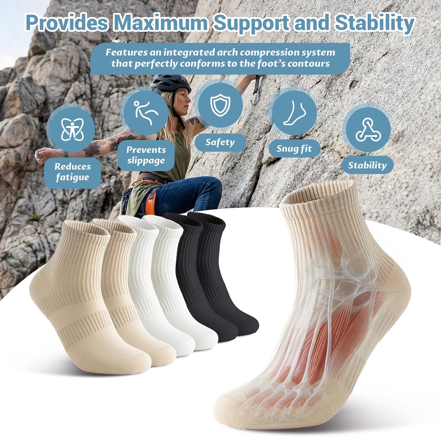Arch Compression Athletic Socks - 6 Pairs for Women, Moisture Wicking with 95% Cotton, Seamless Toe for Secure Fit