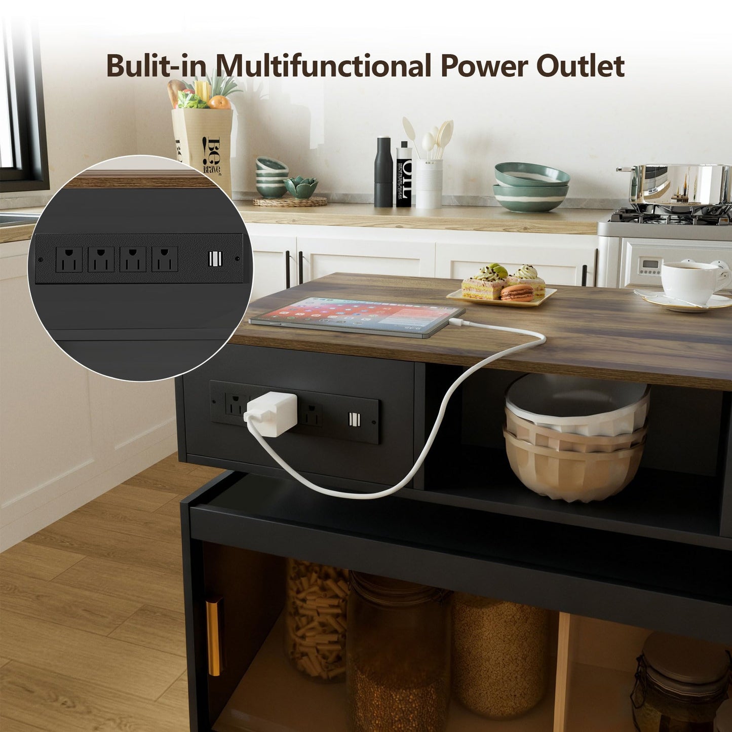 Kitchen Island with Extendable Table,Rolling Kitchen Table with Storage & Seating,Built in Power Outlet, Kitchen Island with Lockable Wheels for Kitchen Island Table with Drawers Rotatable Table Black