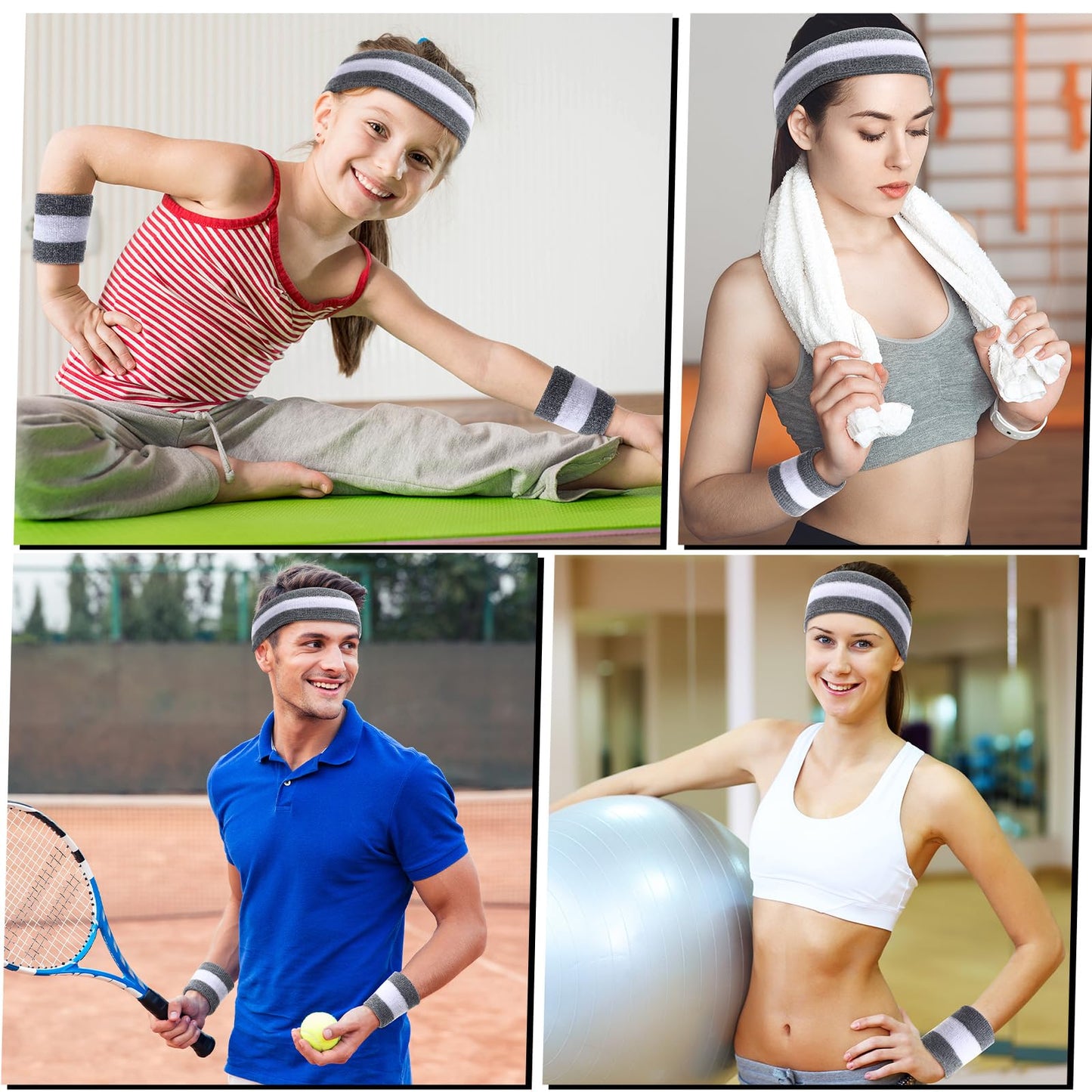 Eurzom 36 Pcs Neon Sports Sweatbands Set Include 12 Striped Sweat Absorbing Headbands 24 Wrist Sweatbands Cotton Wristbands for Men Women Gym Tennis(Grey, White)