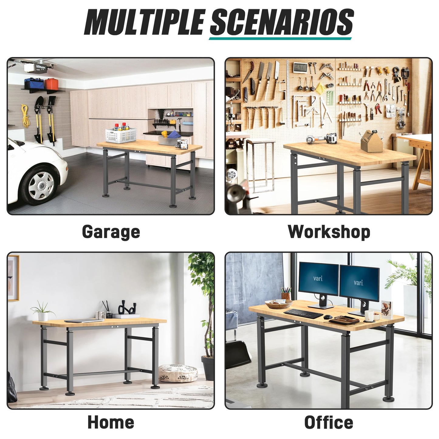 EVERHANGER Workbench for Garage, Adjustable Height Work Table, Heavy Duty Rubber Wood Top Workstation for Workshop, 47.5 x 23.5 Inch