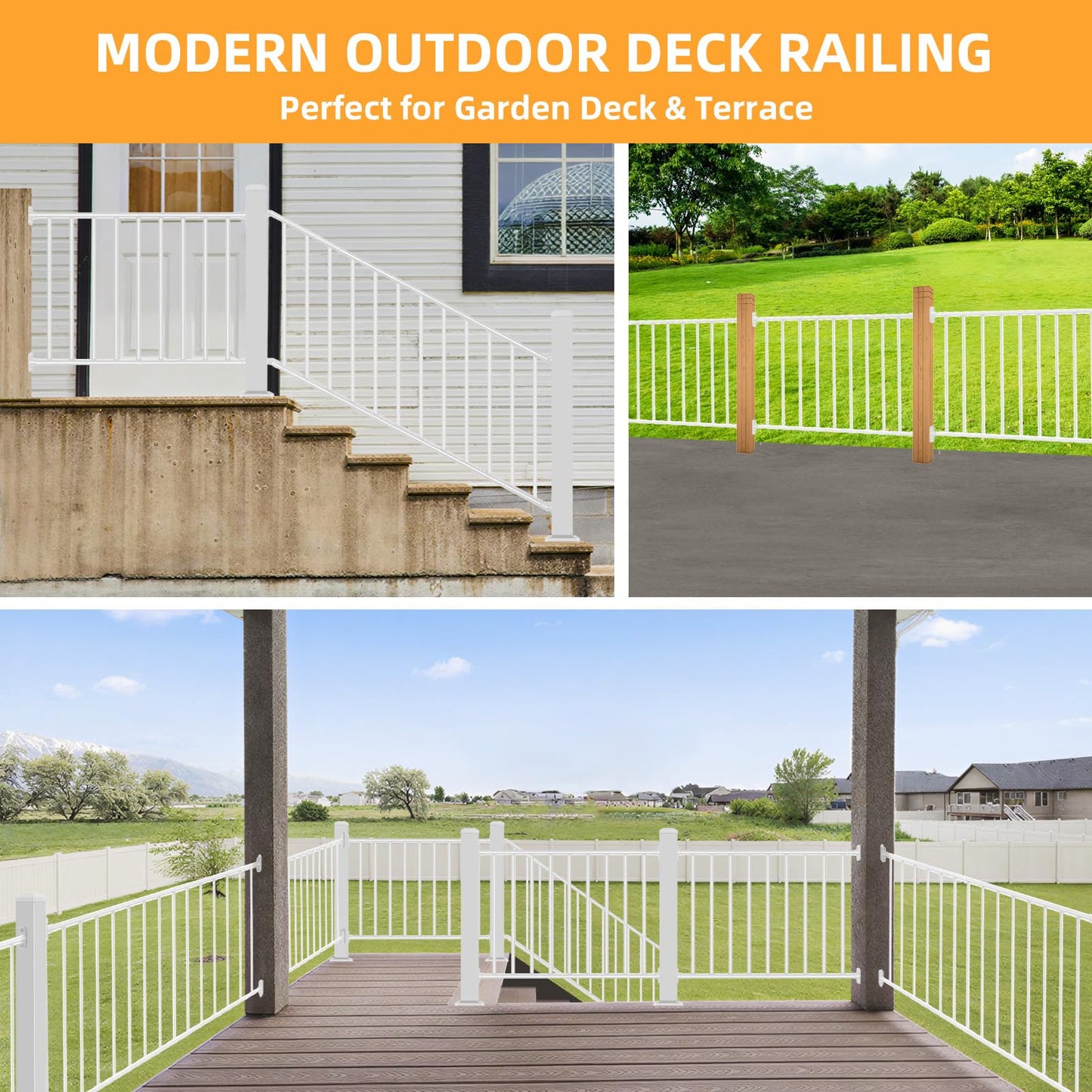 SunCrafts Heavy Duty Steel Deck Railing System, 38 in. H x 6 ft. W Galvanized Guardrail Deck Railing Kit with White Powder-Coated Finish for Outdoor Decks, Porches & Balconies