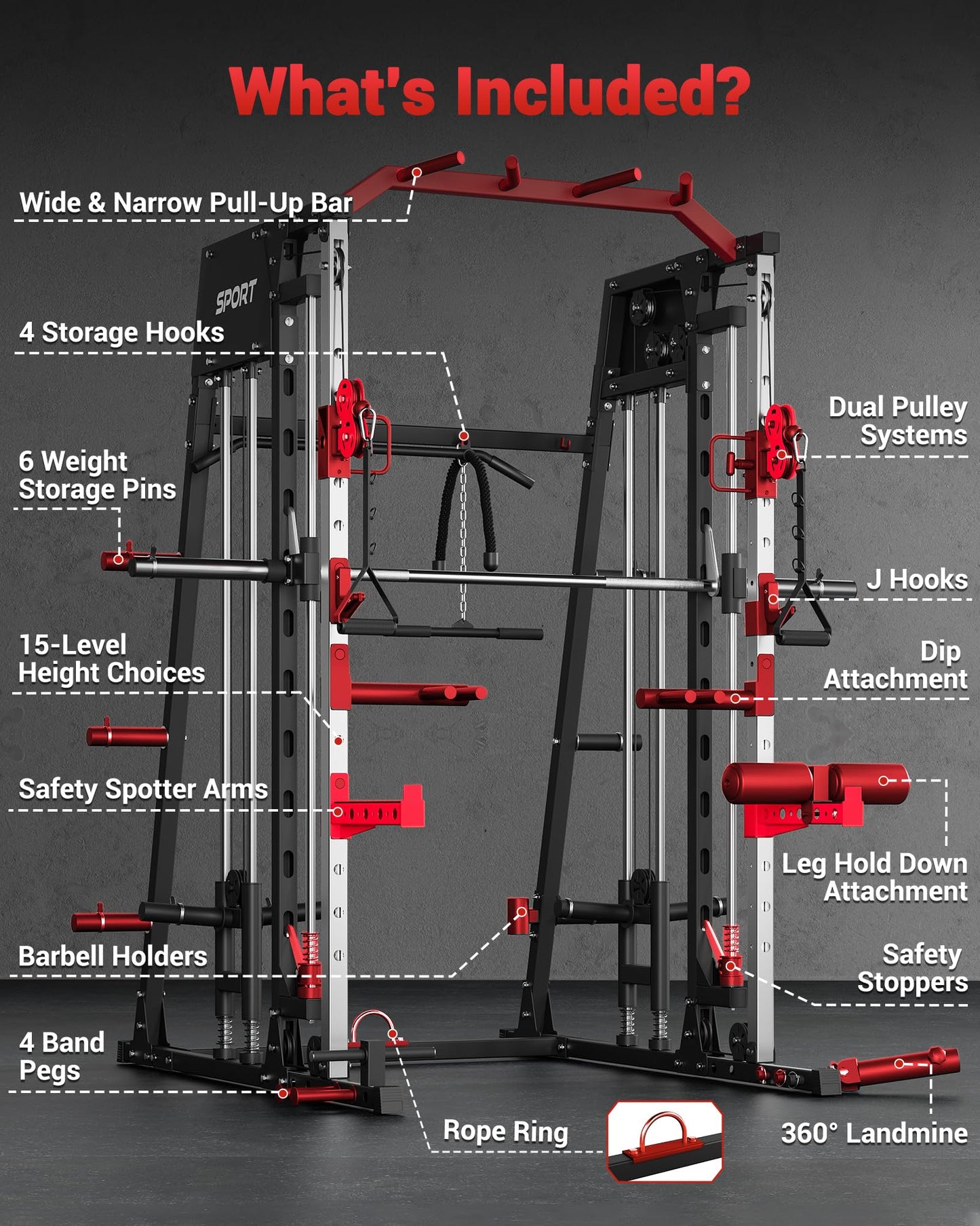 GarveeLife Smith Machine Home Gym All in One, 2200 LBS Squat Rack Power Cage with Smith Bar, LAT Pull-Down, Cable Systems, Leg Hold-Down and More Attachments, Workout Equipment (Red Black)
