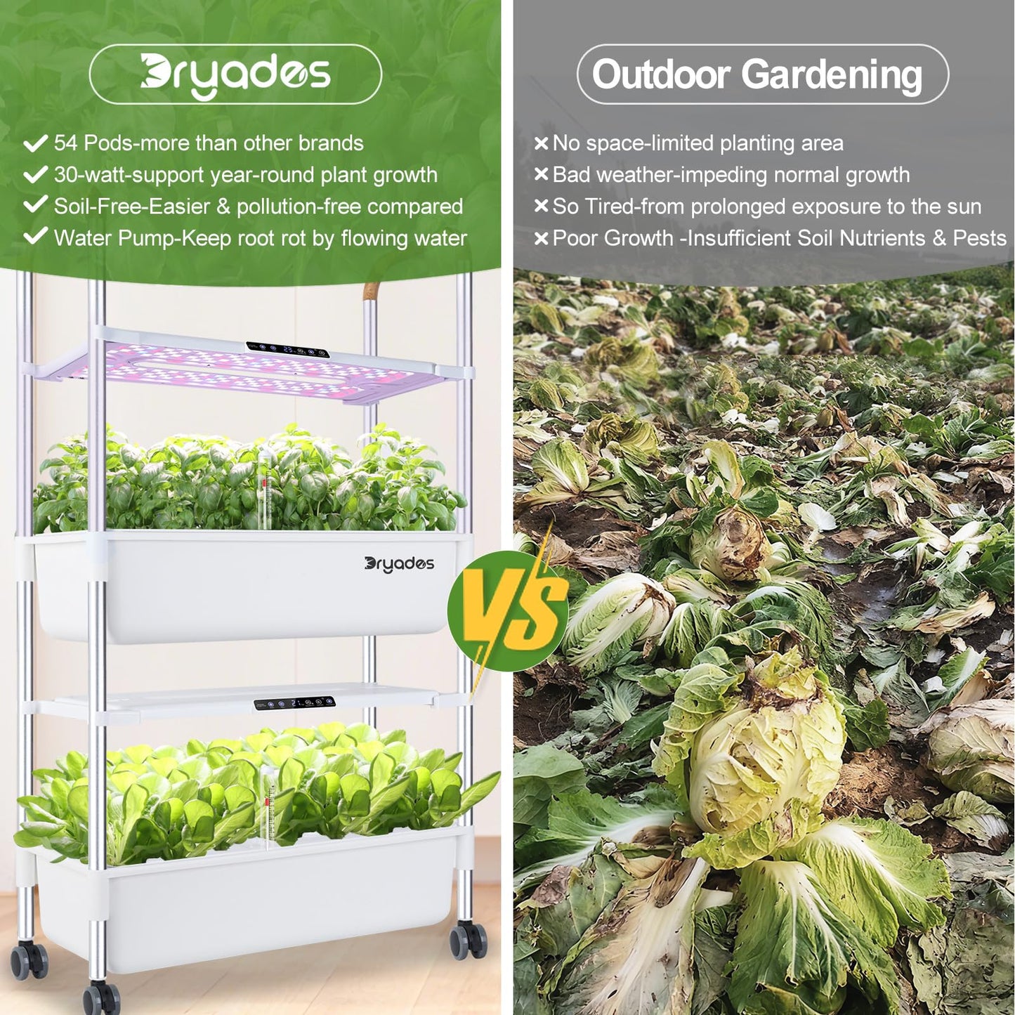 Indoor Hydroponic Growing System with 54 Pods Herbs Garden Kit with 30W Led Grow Light Large Movable 2-Layer Floor-Standing Hydroponic Gardening System for Vegetable Fruit