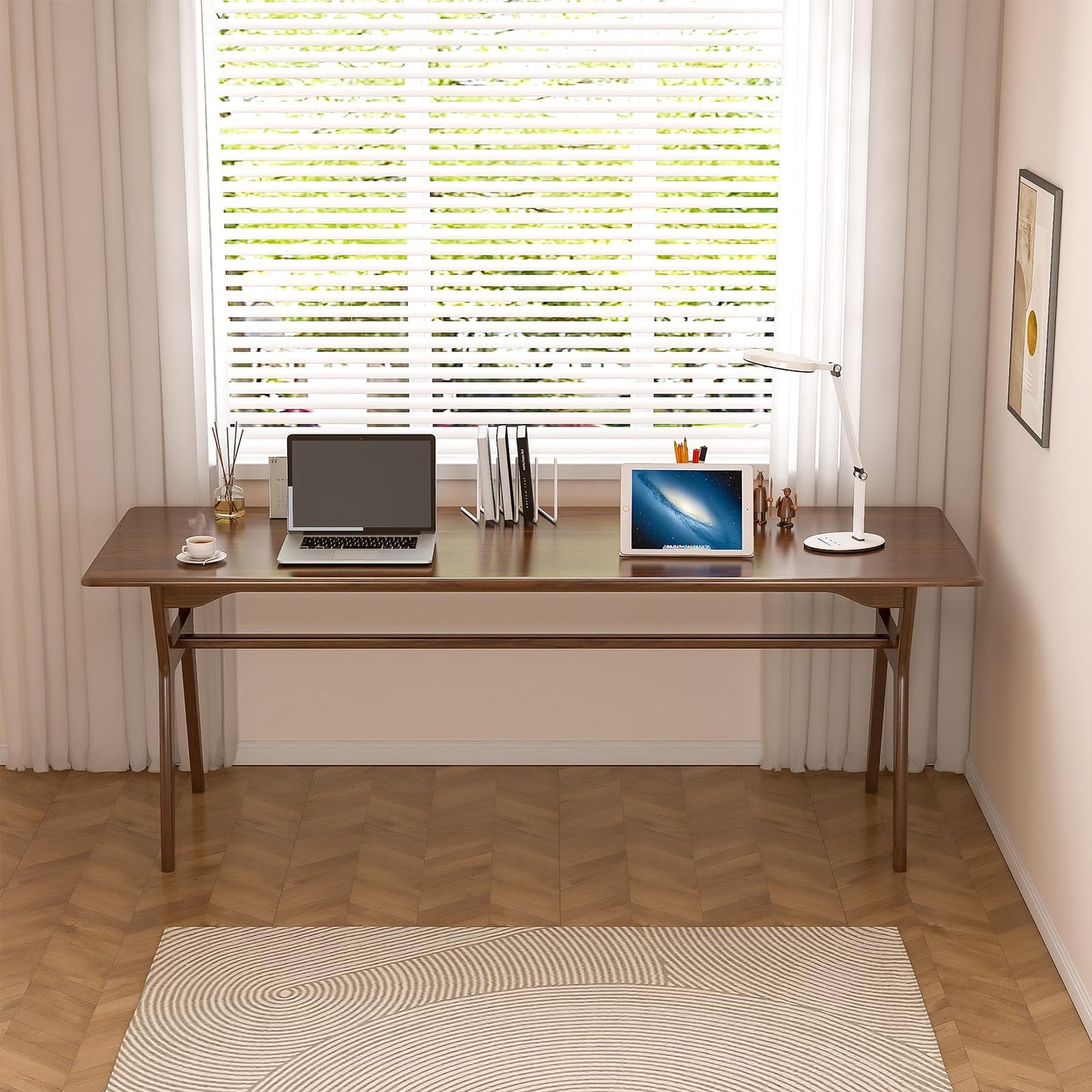 OSCHF Solid Wood Study Desk - 71" Double Long Computer Table for Home Office, 2-Person PC Workstation, Walnut