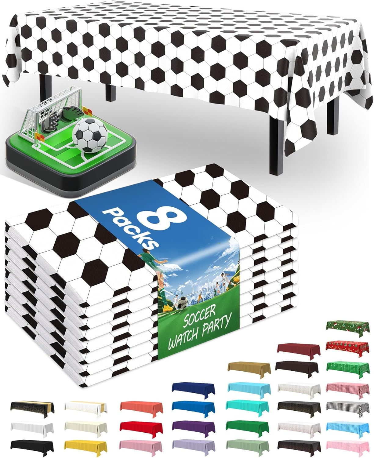 Pureegg Soccer Tablecloths - Disposable 8-Pack, Sturdy Leakproof Plastic Covers 54 x 108 Inch, Black & White