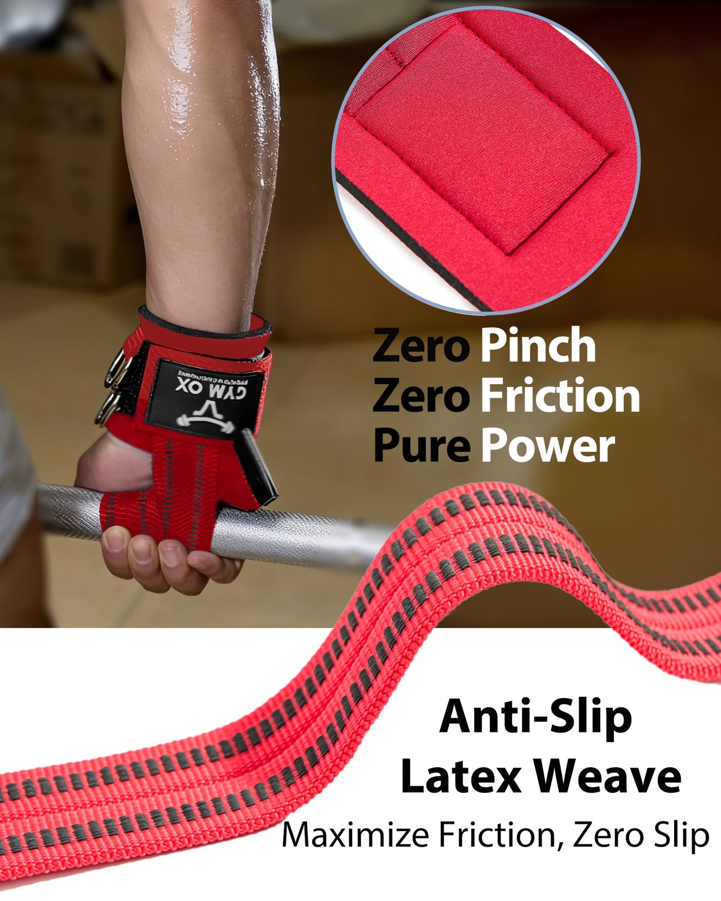 2-in-1 Weight Lifting Straps with D Ring, 7mm Neoprene Padded Wrist Support for Men & Women, Heavy Duty Gym Wrist Straps & Cable Machine Attachment for Gym, Powerlifting, Rows, Pull-ups (Red)