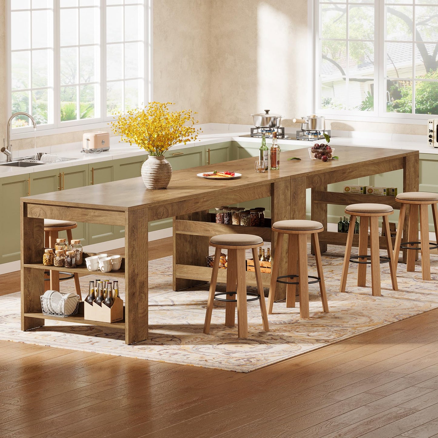 Tribesigns 63-Inch Kitchen Island with Storage, Farmhouse Home Bar Table with Double-Sided Storage Shelves, Large Stationary Island Table for Kitchen, Dining Room, Living Room (Natural)