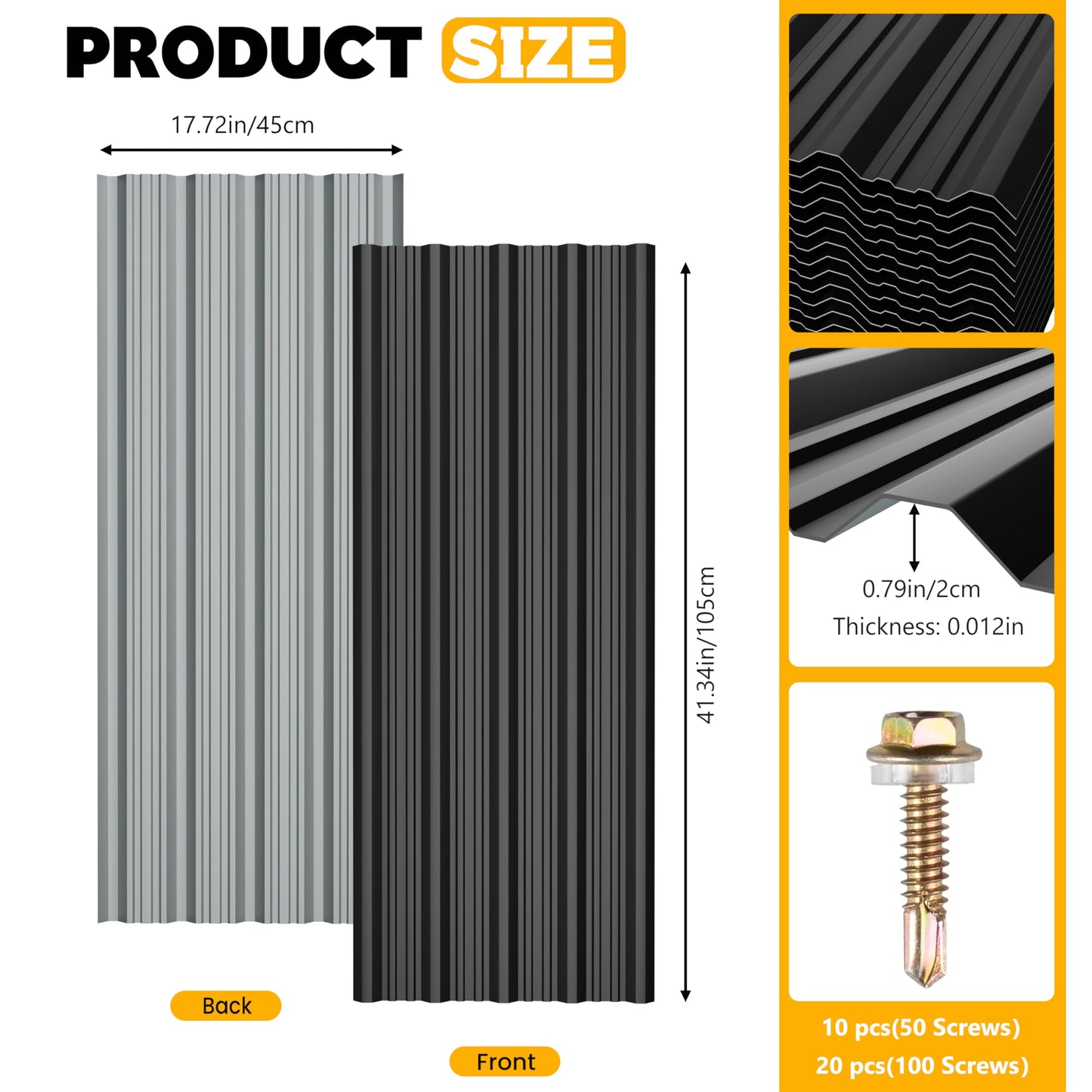 BOBIBAN 20 pcs Metal Roofing Panels - Corrugated Galvanized Roof Panels L41.34x W17.72 Inch, Waterproof Tin Roof Sheets for Garages,Sheds, Stables and Mobile Homes, Includes Screws(Black,L41.34''-20)