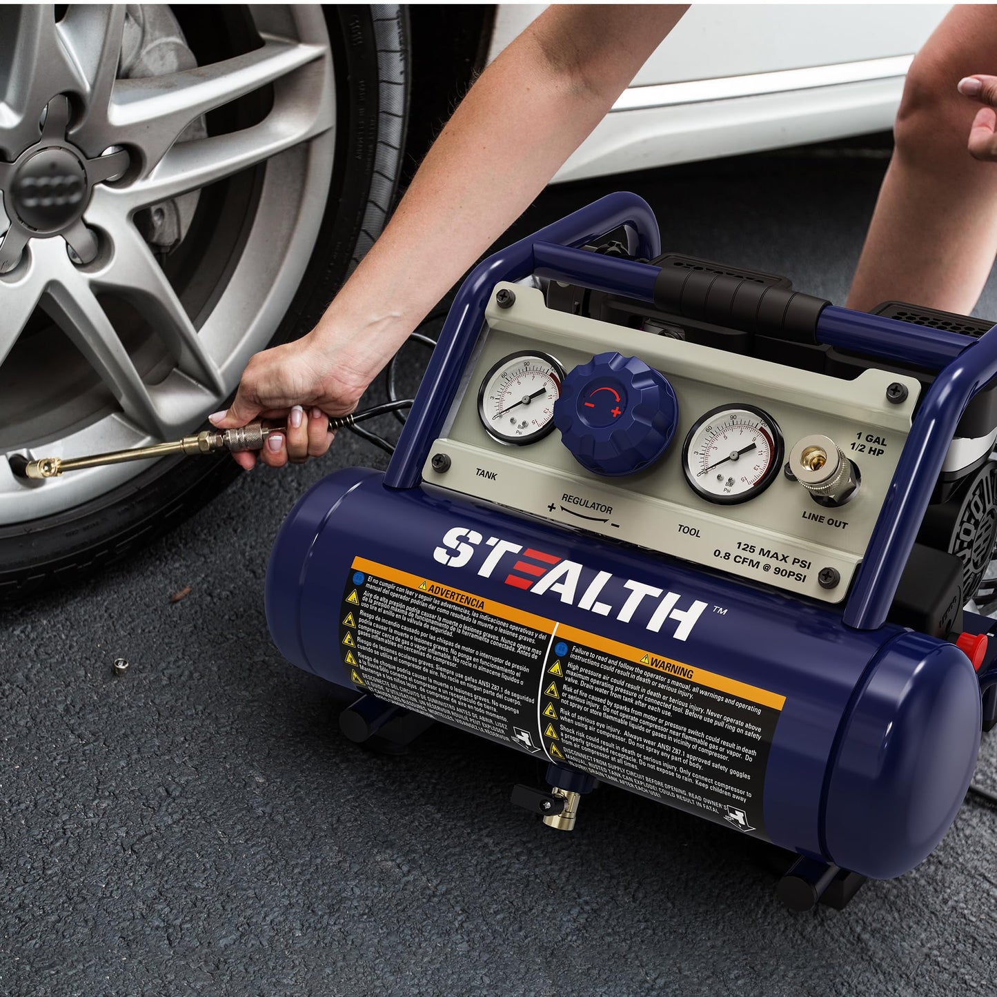 STEALTH Air Compressor 1 Gallon, 1/2HP Max 125 PSI, Induction Motor, 0.8 CFM@90PSI, 1.3 CFM@40PSI, Oil-Free Maintenance Free Light Weight Electric Air Tools for Drilling, Nailing, Grinding, SAUQ-1105