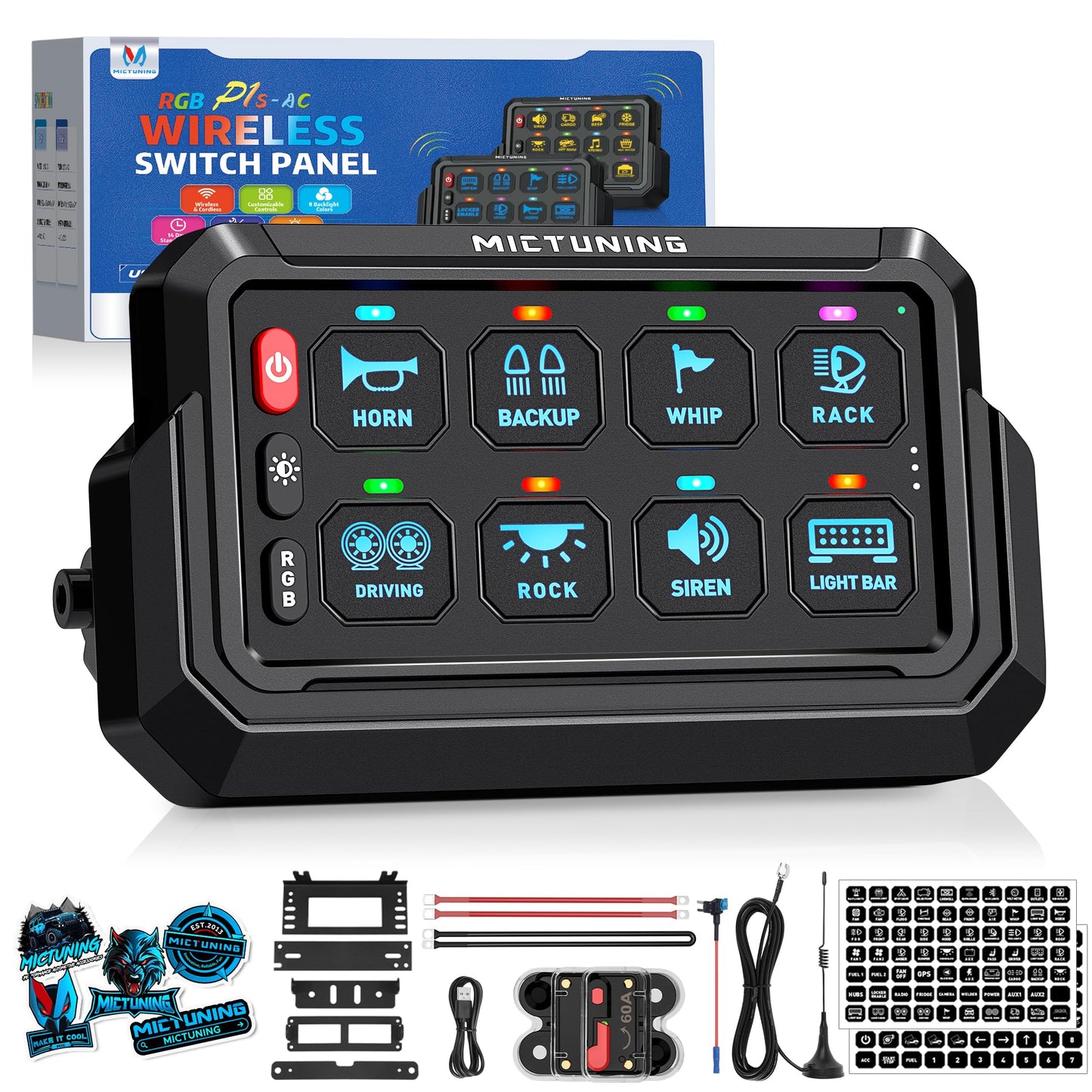 MICTUNING P1s-AC Wireless RGB 8 Gang Switch Panel, 433MHz Remote Control Range Up to 165FT Plug and Play 12V Multifunction Toggle Momentary Strobe Pulsed Circuit Control Relay System Box for Car RV
