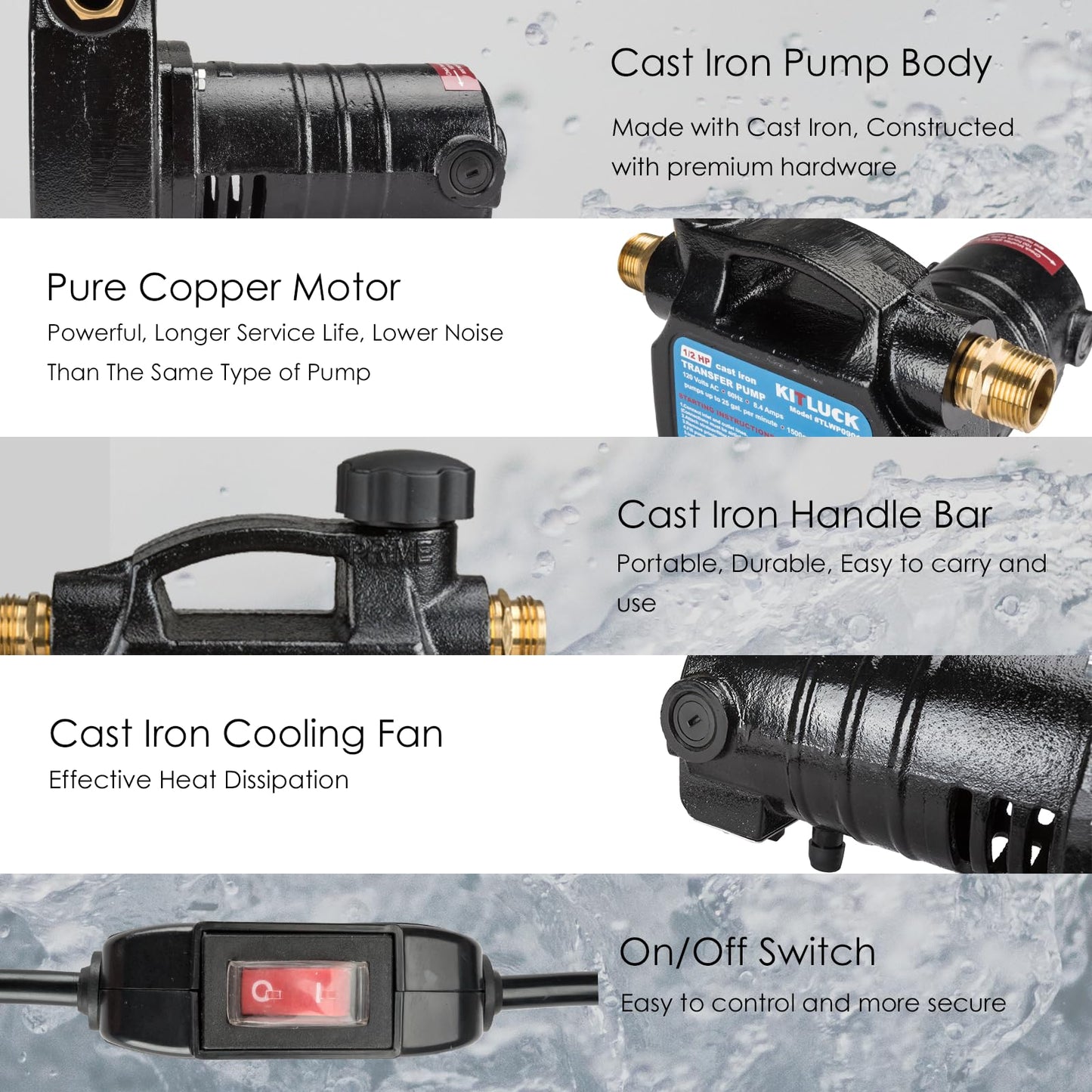 Water Transfer Pump, KITLUCK 120V 1/2 HP 1500GPH Cast Iron Portable Electric Utility Water Pump, Heavy Duty High Pressure Transfer Pump with ON/OFF Switch, Suction Strainer and Brass Connectors