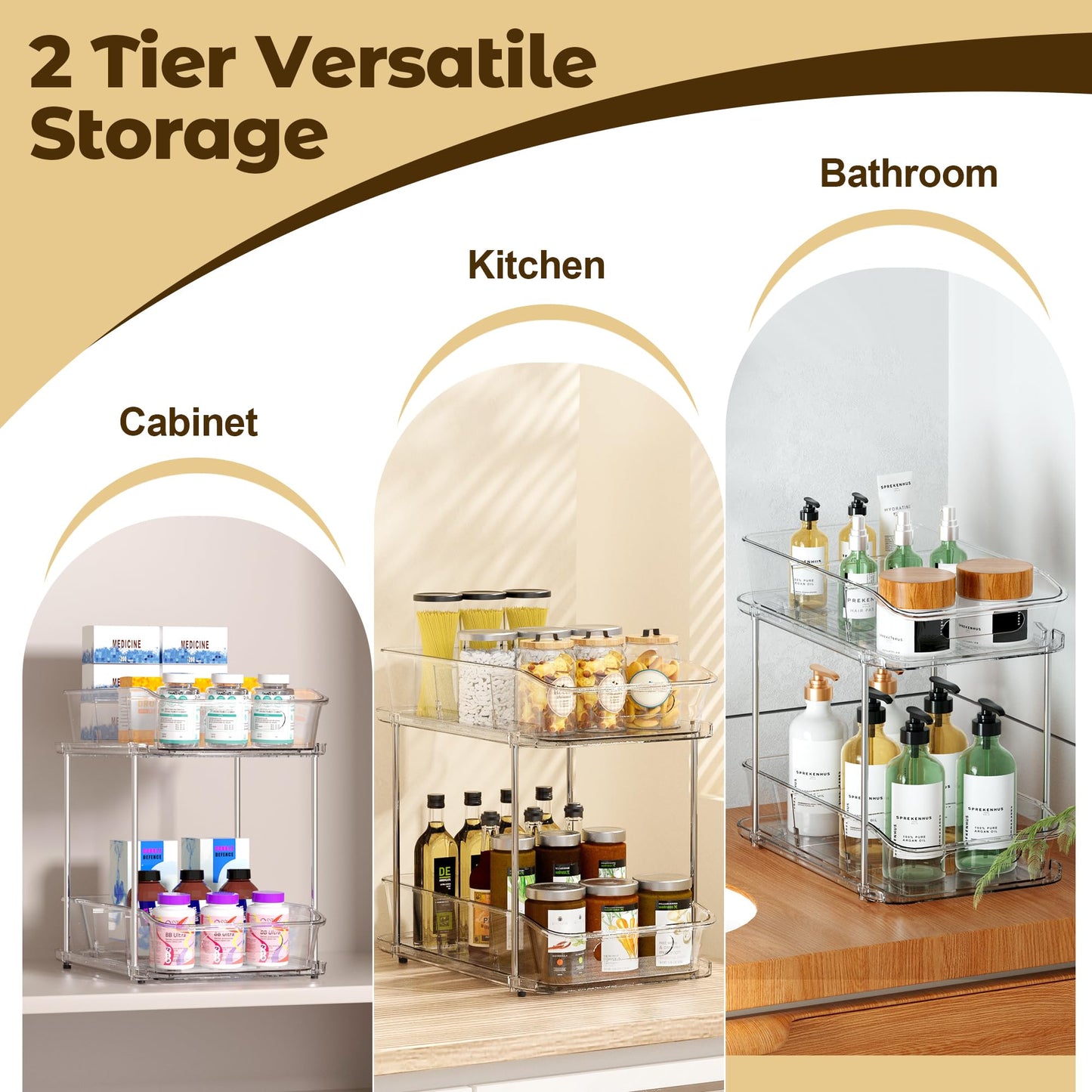 incostar 2 Tier Pull-Out Organizer for Bathroom Kitchen, Under Sink Storage with Dividers, Ideal for Cabinet, Cupboard Organization, Slide-Out Clear Storage, 1 Pack