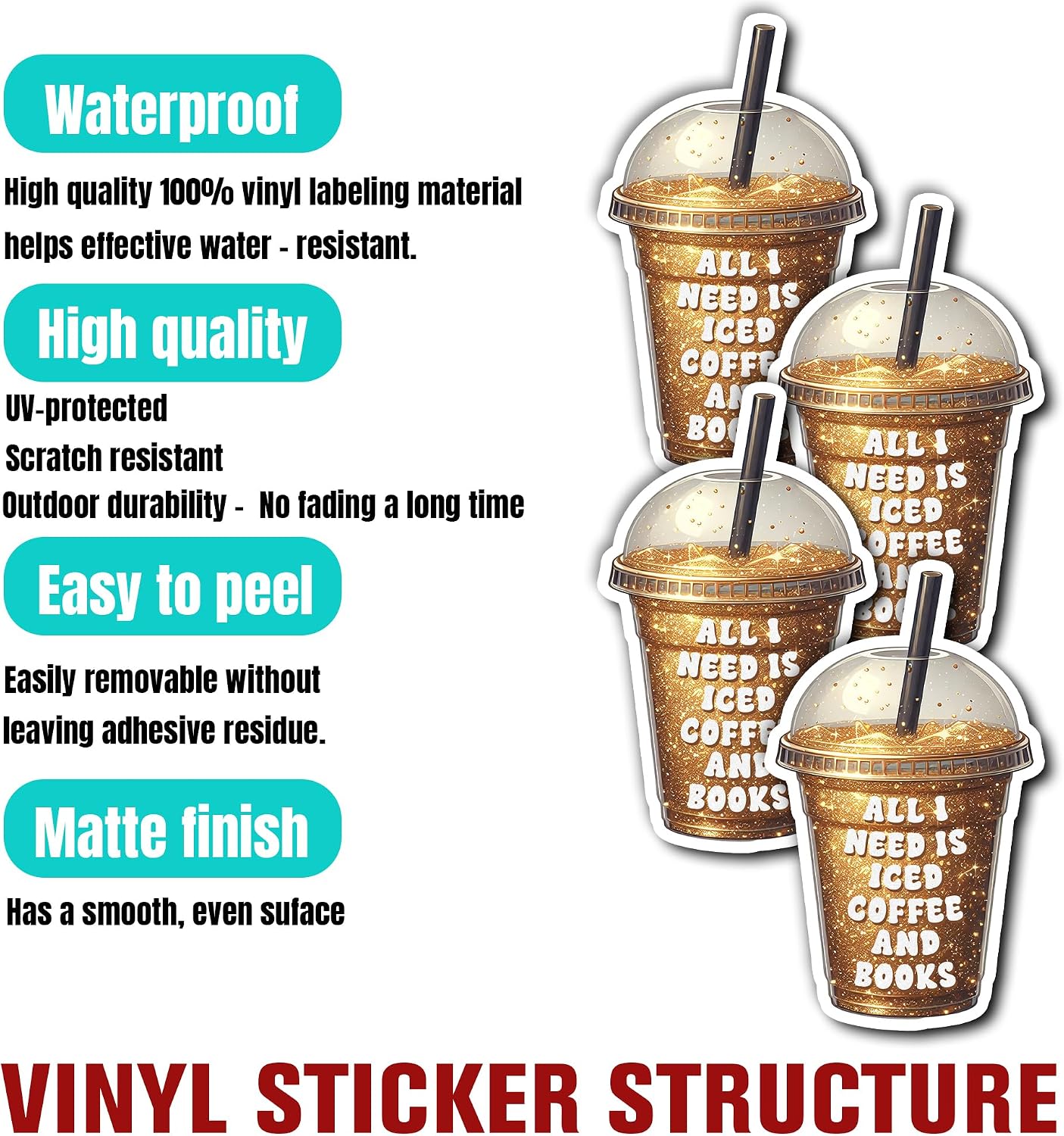 KIMAMZ Pack 4PCS All I Need is Iced Coffee and Books Stickers Reading Inspirational Waterproof Vinyl Decals Decor