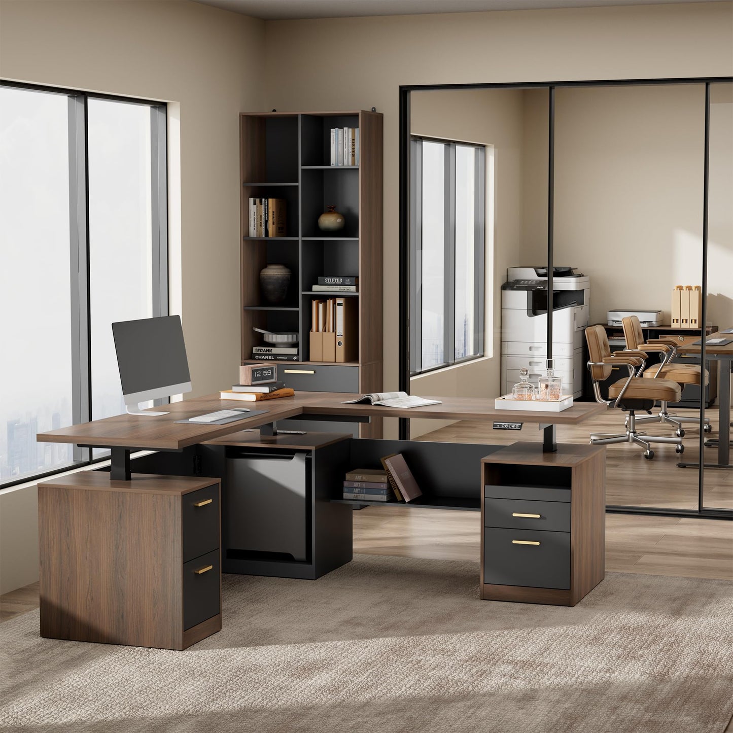 ModernMate 71" L-Shaped Electric Standing Desk with 5 Drawers, One-Piece Height Adjustable Executive Stand Up Desk, AC/USB & Privacy Panel, Home Office Workstation with Storage, Black Walnut