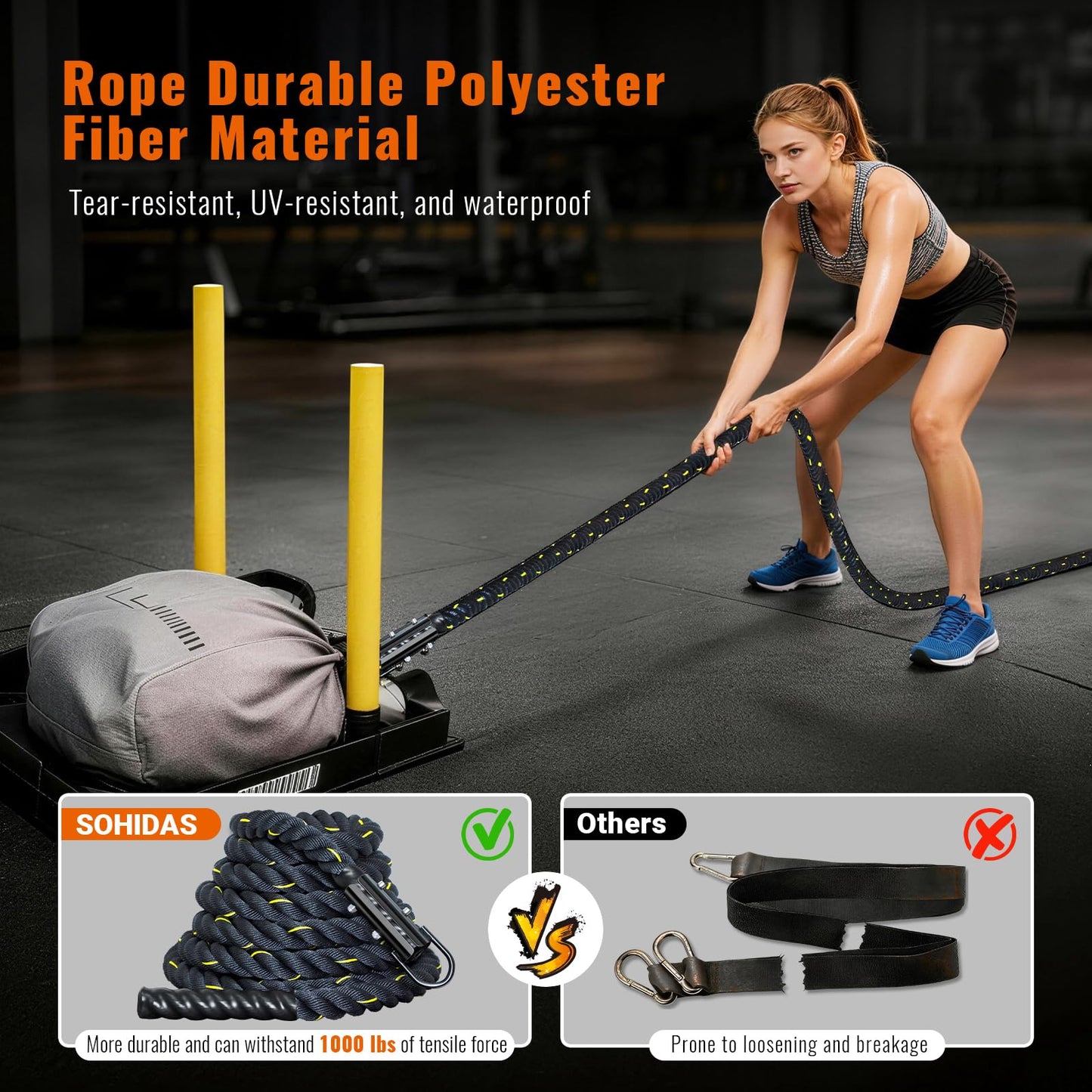 SOHIDAS 40FT Weight Sled Rope Workout Sled Pulling Ropes, Sled Push Gym Equipment Weight Sled Pull Rope for Training Tire Pulling Workout Fitness Resistance Football Exercise Equipment for Men Women