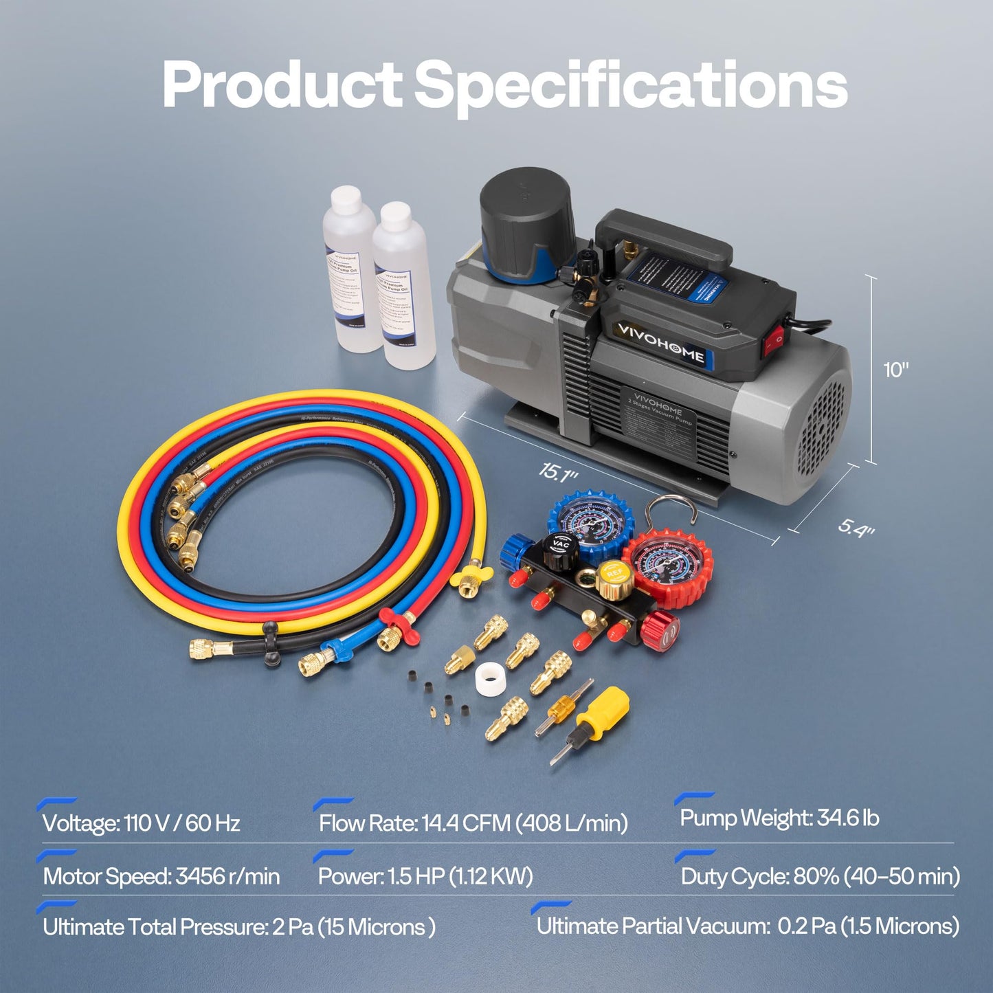 VIVOHOME A2L AC Vacuum Pump and 4 Way Manifold Gauge Set, 1.5 HP 14.4CFM 2 Stage HVAC Vacuum Pump Kit with 5ft Hoses, Sparkless Motor for R454B R32 R22 R410a Home Air Conditioner