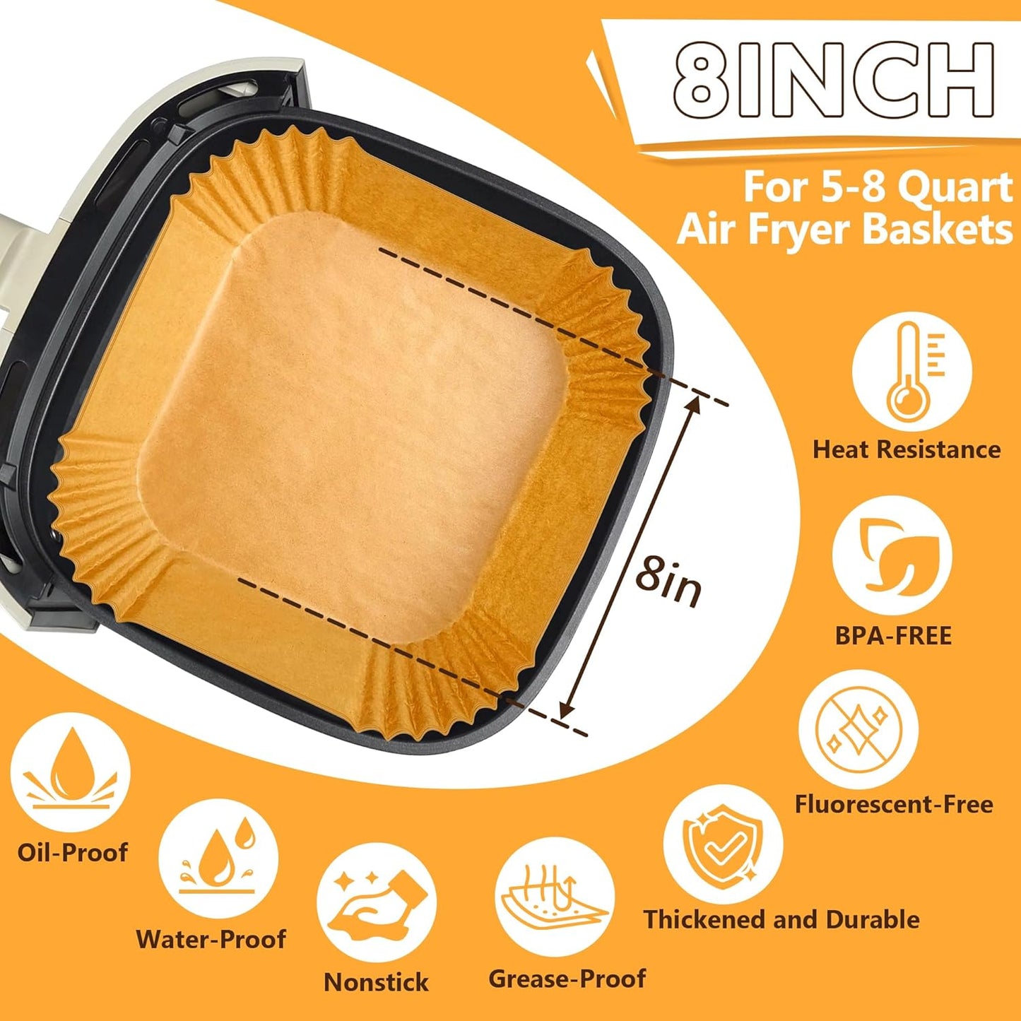 Skiennix Air Fryer Liners - 125 Pcs 8-Inch Non-Stick Parchment Paper with Cooking Guide Booklet