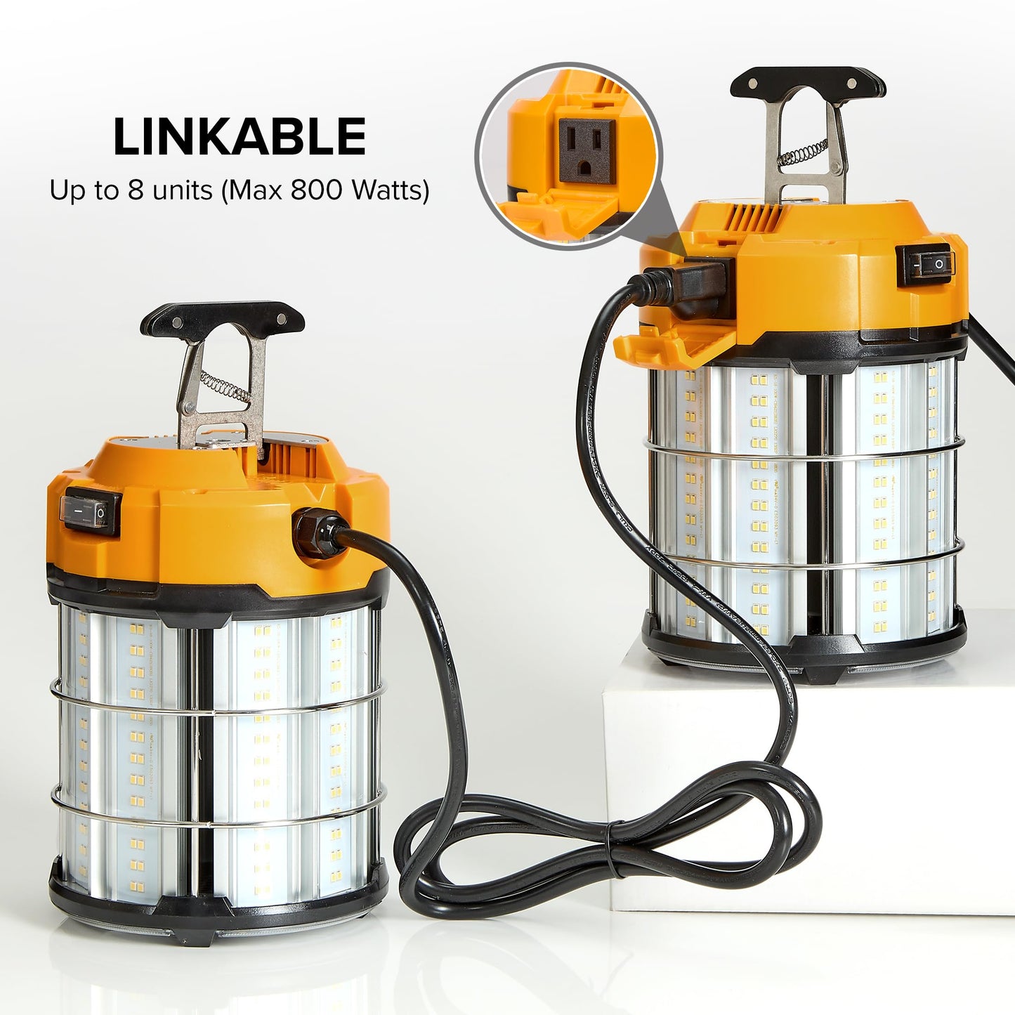 Maxxima High Bay LED Temporary Work Light Fixture - 100 Watt 12000 Lumens, Daylight 5000K, Linkable, Stainless Steel Cage Guard, Easy Latch to Mount, Plug in with Surge Protection