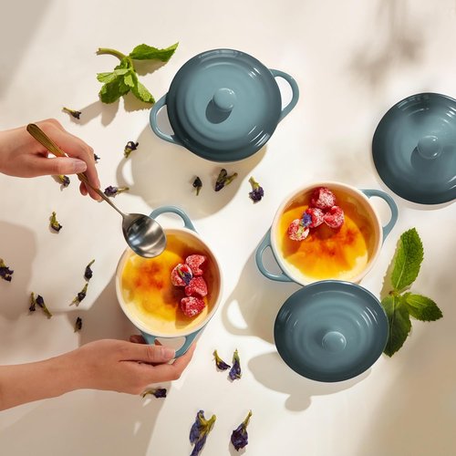 Kook Ceramic Mini Cocotte Set - Small Casserole Dishes with Lids | Oven Safe 350°F, 12 oz, Set of 4 (Stone Ombre)