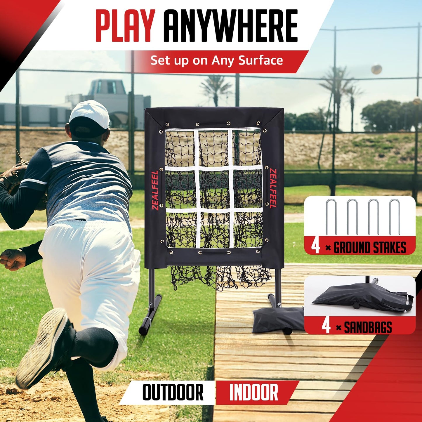 ZEALFEEL Baseball Pitching Net, 9 Hole Pitching Target Net with Strike Zone, 5 Height Adjustable Throwing Trainer, Heavy Duty Baseball Softball Net with Carry Bag for Solo Practice