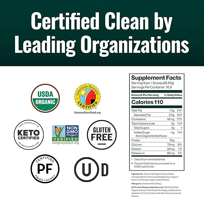 Natural Force Grass Fed Organic Whey Protein Powder ??Non GMO Verified, Humane Certified & Lab Tested for Toxins ??Real Vanilla Flavor ??Keto Friendly, Low Carb, and Kosher - 16 Ounce A2 Protein