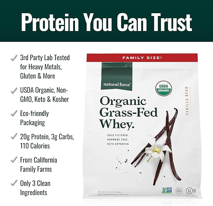 Natural Force Grass Fed Organic Whey Protein Powder ??Non GMO Verified, Humane Certified & Lab Tested for Toxins ??Real Vanilla Flavor ??Keto Friendly, Low Carb, and Kosher ??5 Pound A2 Protein
