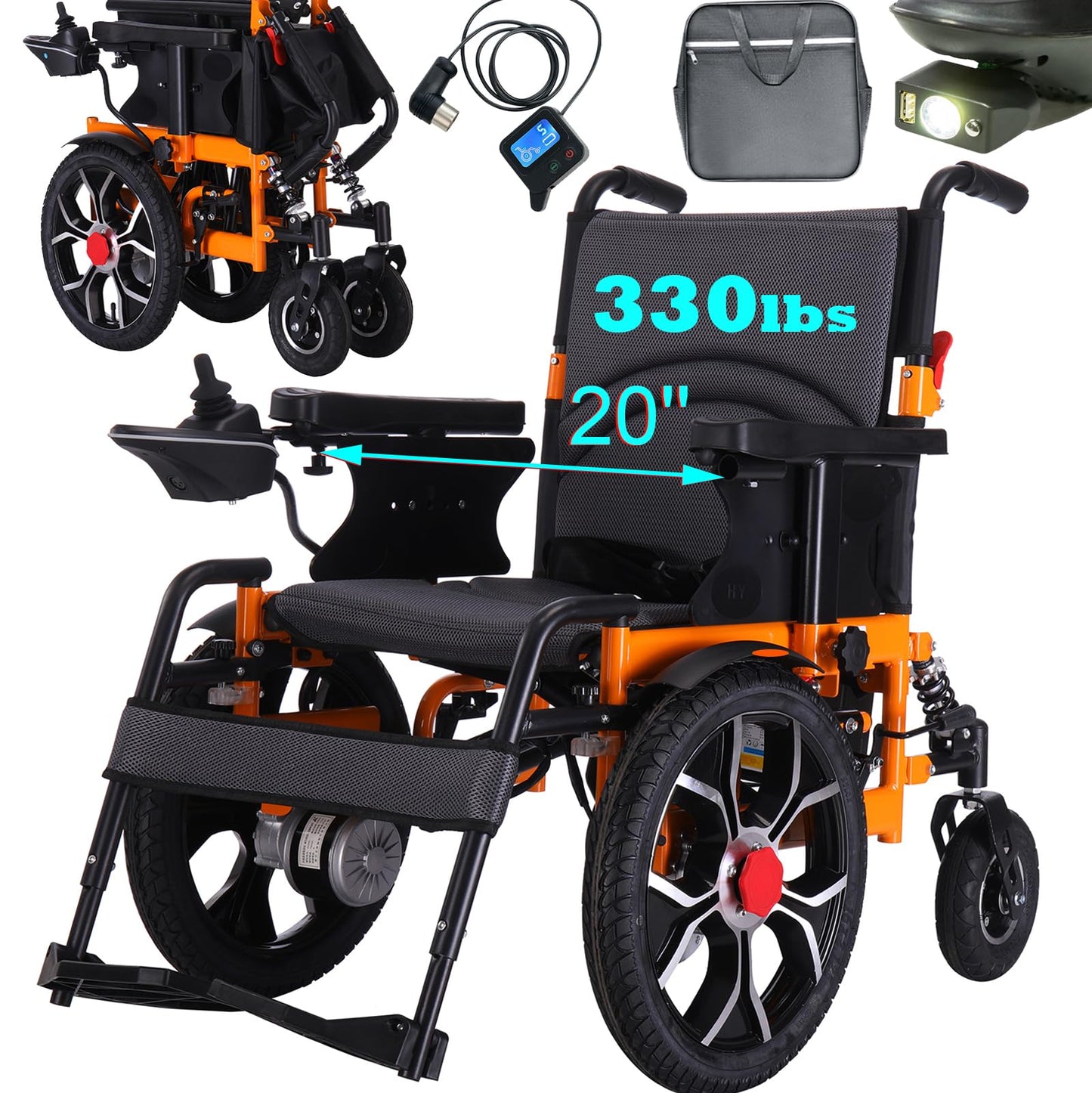 Upgraded 16" Big Front Wheel Electric Wheelchairs, USB Led Light, 20” Seat Width All Terrain Power Wheelchair, Dual Brakes Motorized Wheelchair for Adults 330lb, Backpack,Rear Control Included