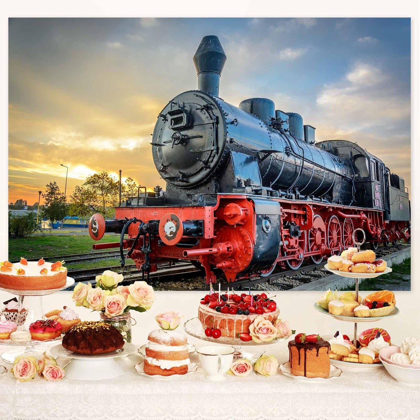 DYNH Sunset Supplies-7x5FT Steam Train Backdrop,Railroad Tracks Railway Photo Background,Train Banner,School Bulletin
