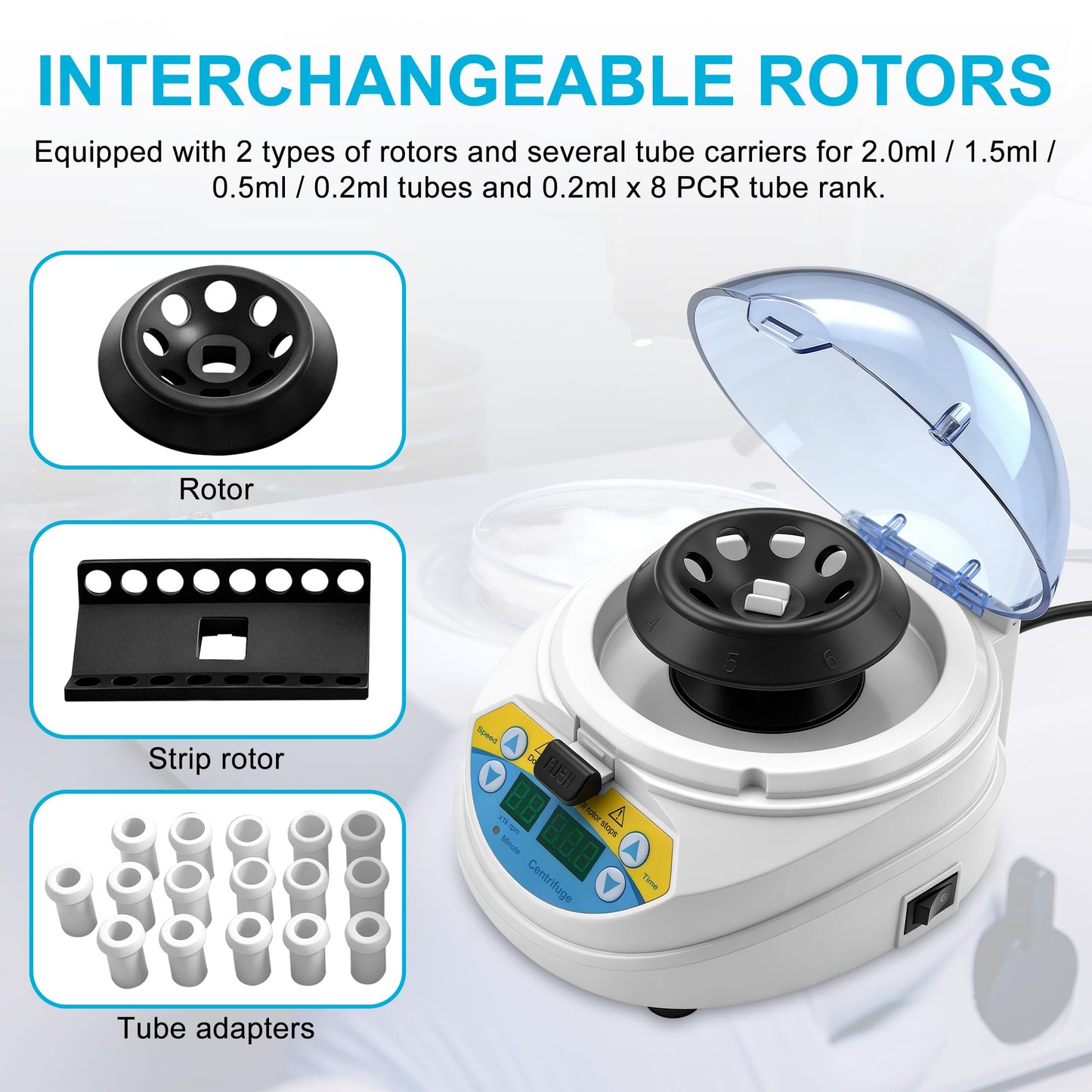 AMTAST Mini Centrifuge 10,000 RPM Adjustable Lab Benchtop Centrifuges Includes 8-Place Micro Tube Rotor & 16-Place PCR Strip Rotor Mini Desktop Centrifuge (Model AMT-M06)