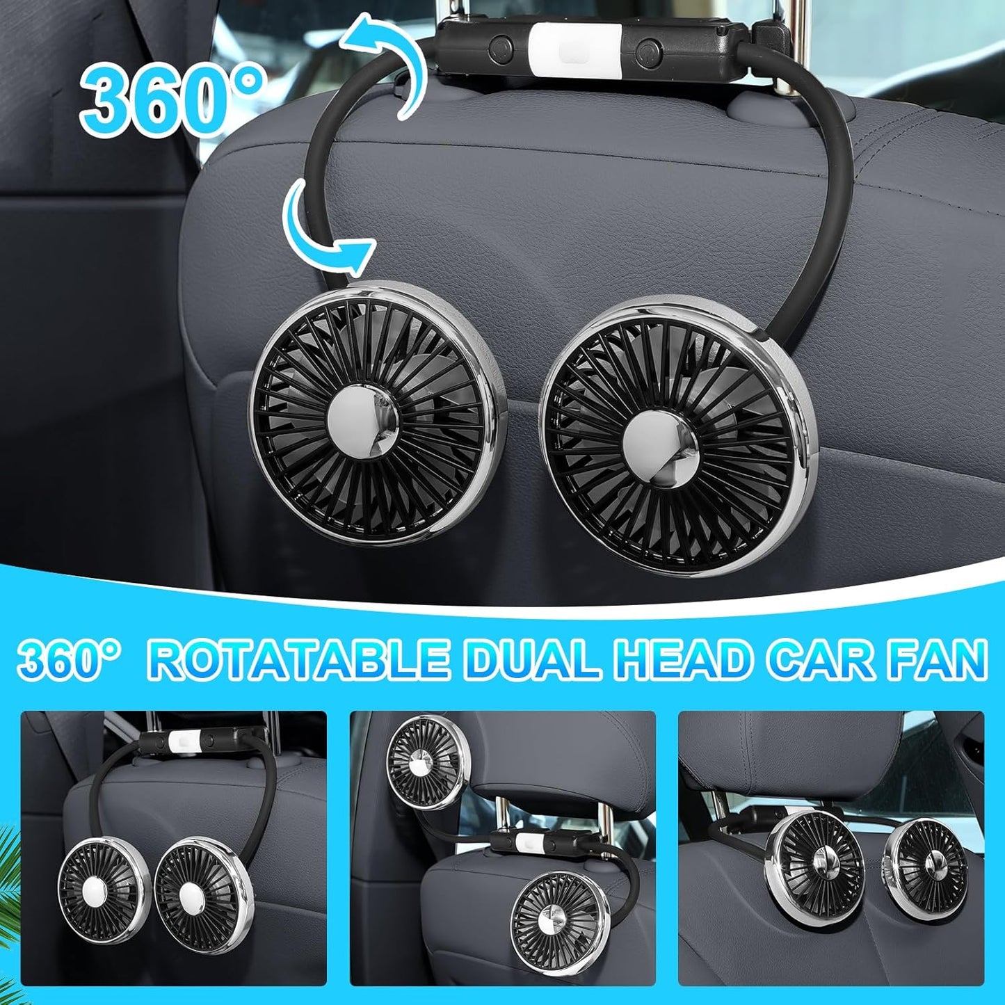 2 360 DaisyInner Pcs Car Fan for Backseat Dual Backseat Cooling Degree Rotatable Seat Fans with LED Light USB Car Rear