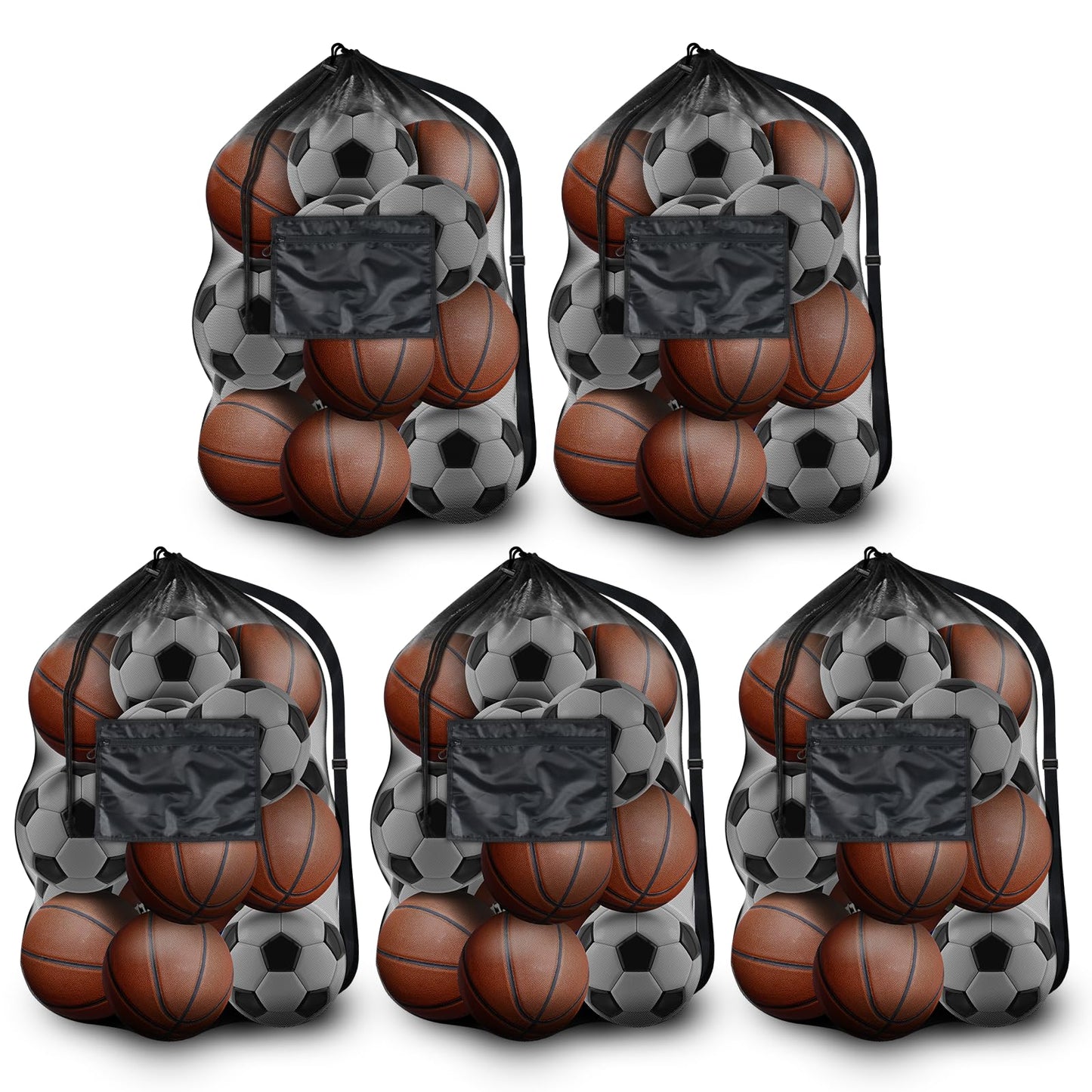BROTOU 5PCS Extra Large Mesh Sports Ball Bags - Soccer Ball Bag Drawstring Bags with Shoulder Strap for Basketball, Volleyball, Swimming Gear (Black, 40"x30")