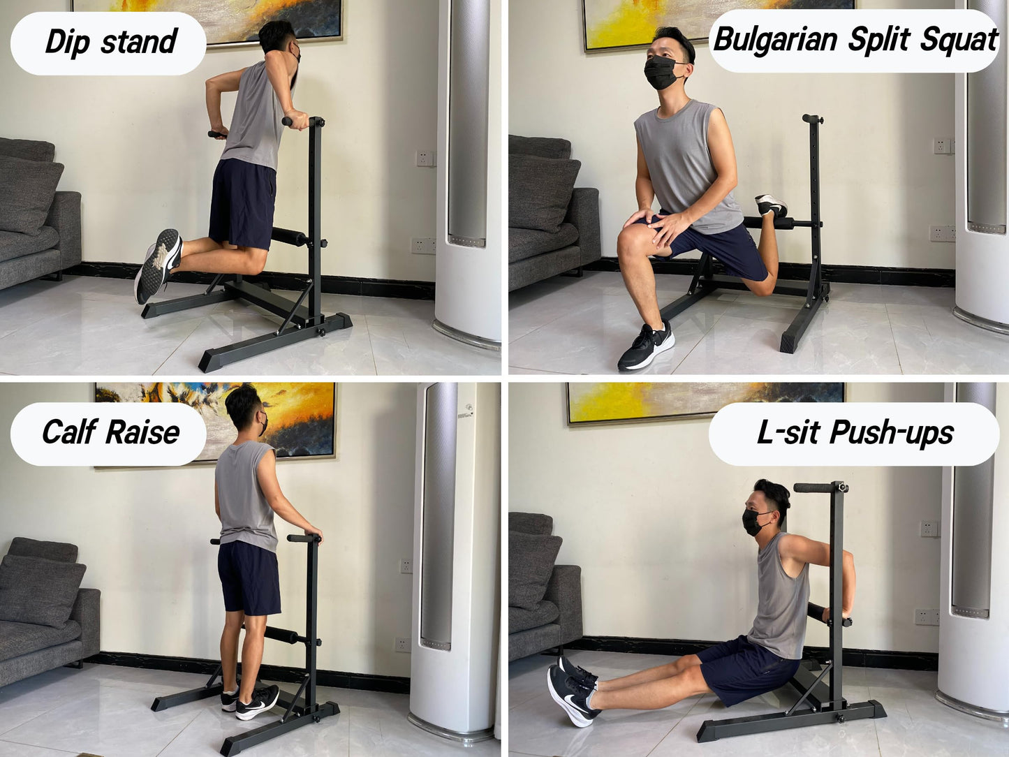 3-in-1 Dip Station, Bulgarian Split Squat & Calf Raise Stand with Heavy Duty Steel Frame | Home Gym Full Body Training Equipment