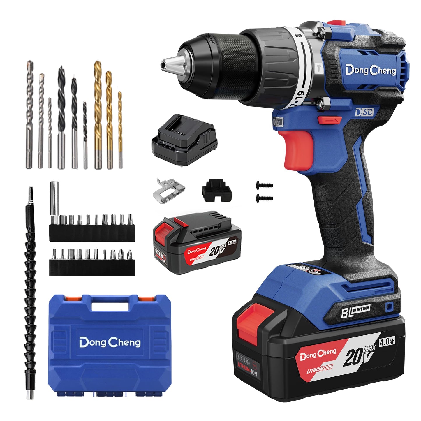 Dong Cheng 20V Brushless Hammer Drill, 796 in-lbs, 2 x 4.0Ah Battery, 1/2" Keyless Metal Chuck, 19+1+1 Clutch, Cordless Heavy-duty Drill for Drilling Brick Wall, Metal, Wood