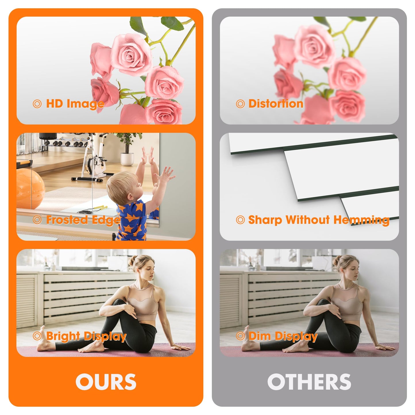 Hasipu Home Gym Mirror 55" L x 17" W - 3PCS Large Full Body Mirror for Yoga, Fitness, Garage, Dance Studio, Wall-Mounted, 0.16in Tempered Glass Frameless