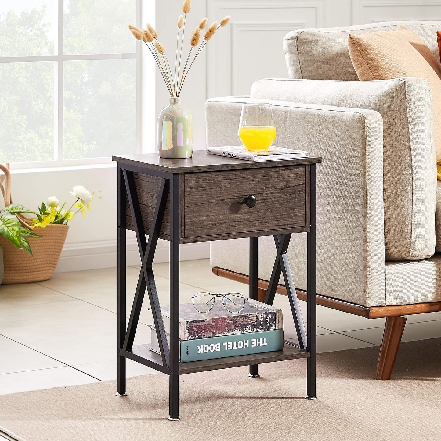 VECELO Nightstand,Modern Bedside End Table, Night Stand with Drawer and Storage Shelf for Living Room Bedroom, Industrial Metal Frame