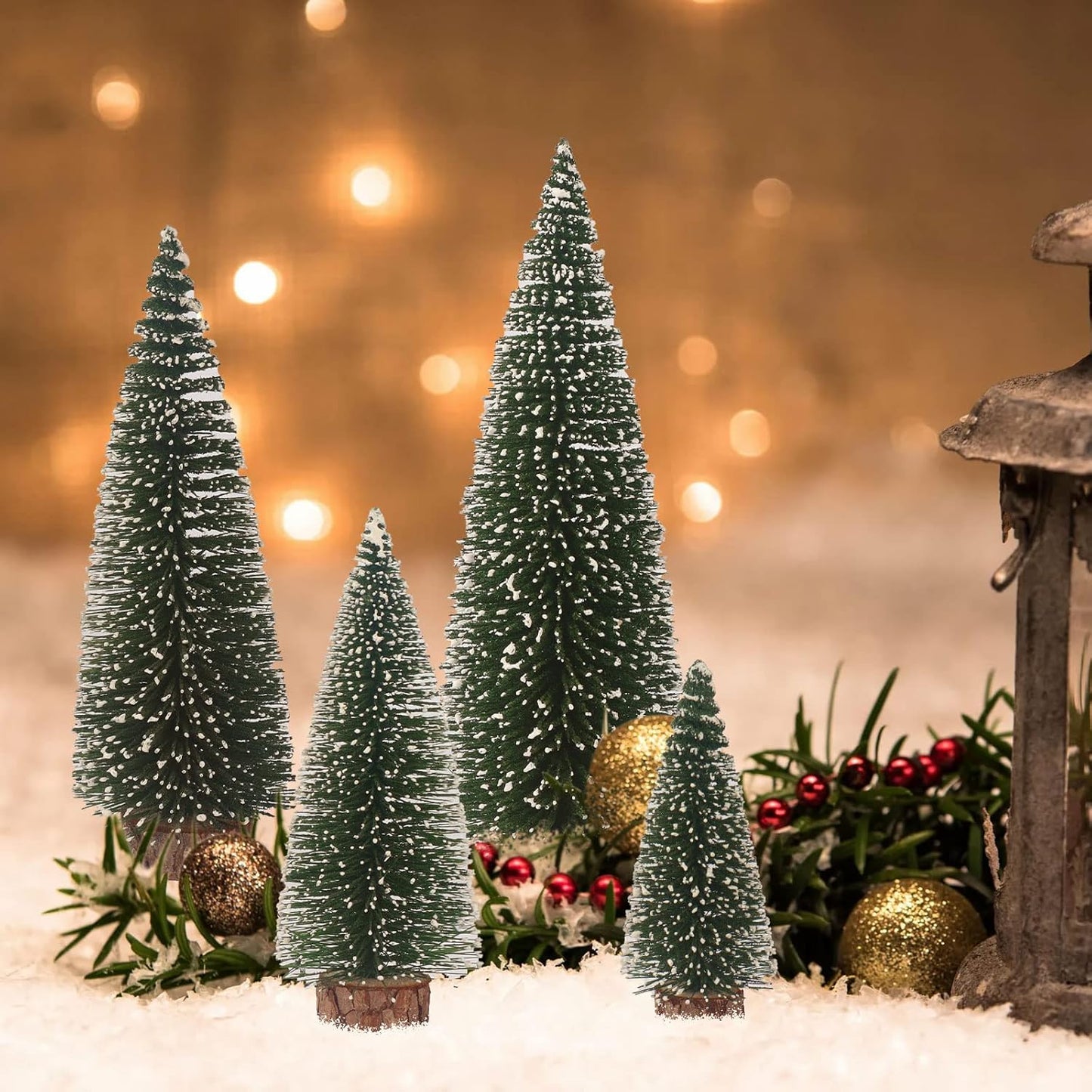 Skiennix Mini Christmas Tree - Small Pine Tabletop Decor with Wooden Bases | Green (Set of 4)