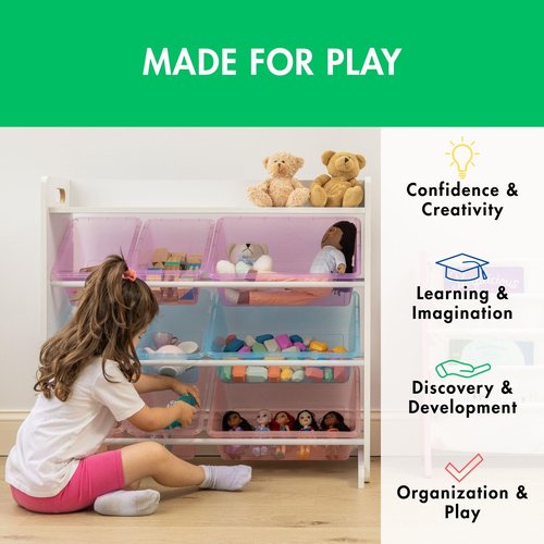Humble Crew Toy Storage Organizer with 9 Removable Storage Bins for Kids Playroom, 3-Tier with Top Shelf Toddler Toy Organization and Storage, White/Purple/Pink/Blue