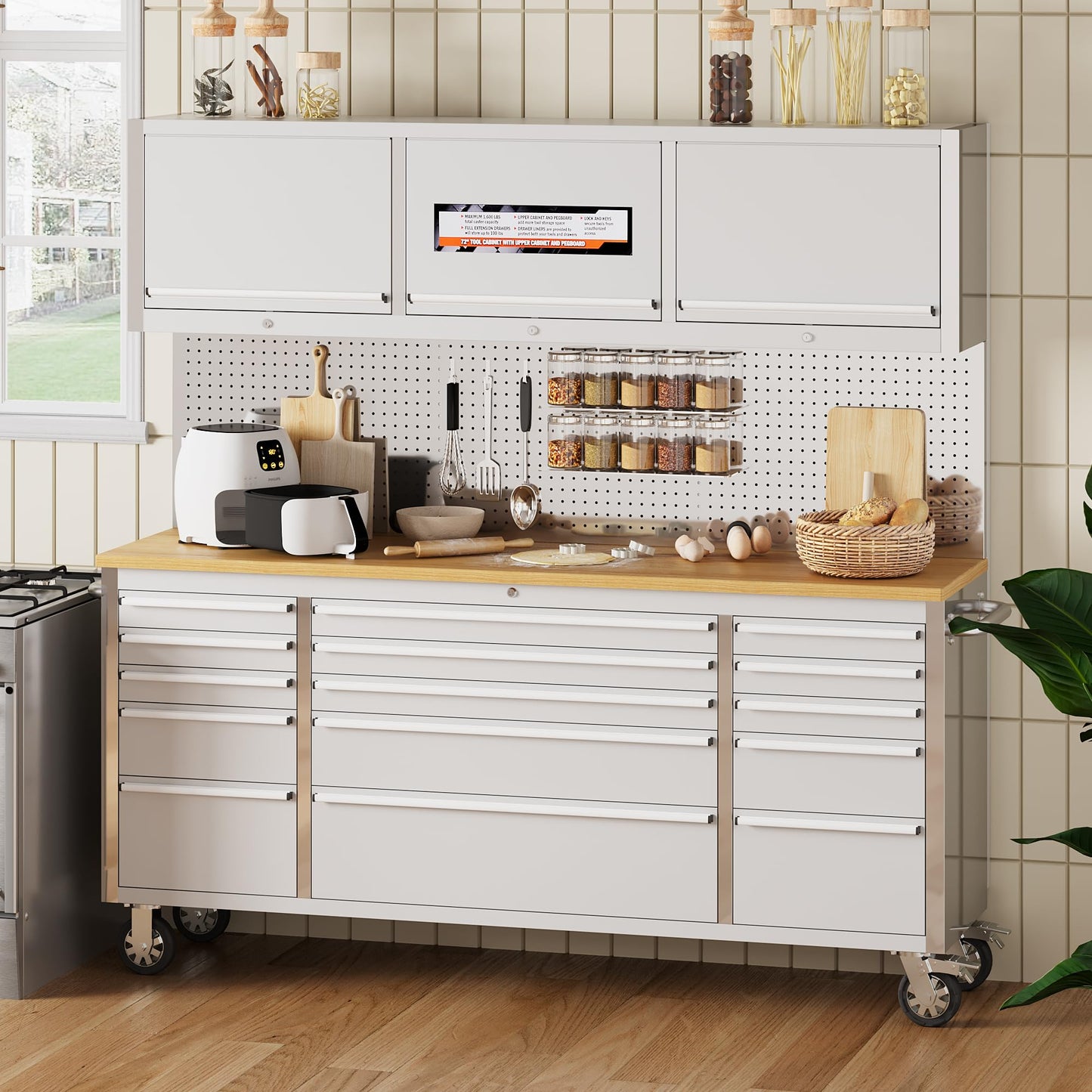 PeacefulHues 72 Inch Rolling Tool Chest with 15 Drawers, Rubber Wood Workbench Top, Anti-Fingerprint Steel, Lockable Wheels & Key Lock, Mobile Storage Cabinet Organizer for Garage & Workshop