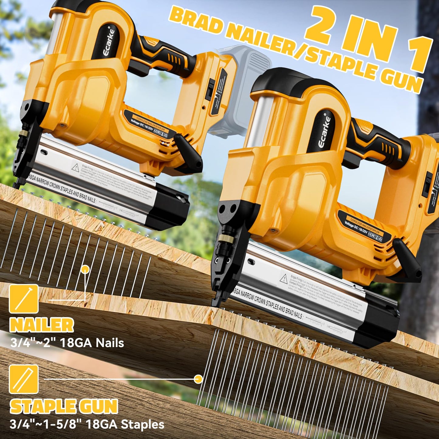 Ecarke Cordless 2 Inch Brad Nailer Compatible with DeWalt 20V Battery(Tool only),2 In 1 Electric Nail Gun,18GA Staple Gun with 1000 Nails, Battery Powered Nail Gun for Trim Wood Crafting Home DIY