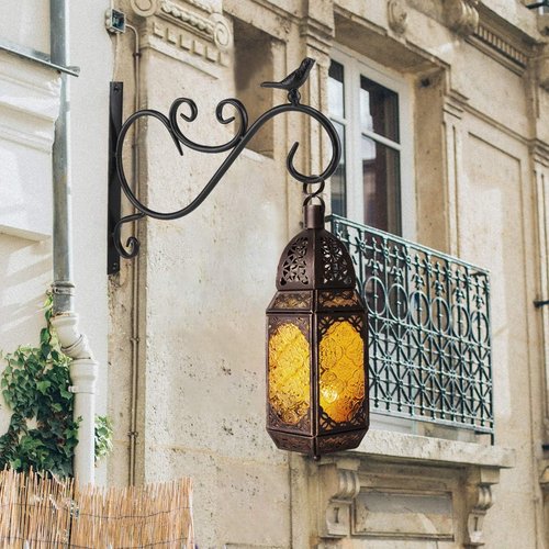 Lewondr Metal Glass Ramadan Candle Lantern - Moroccan Style Hanging Lamp for Home & Garden | Copper & Yellow