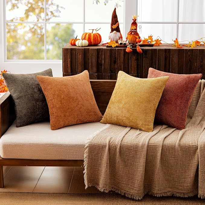 MIULEE Pack of 4 Orange/Yellow Couch Throw Pillow Covers 18x18 Inch Halloween Soft Decorative Chenille Pillows Farmhouse Accent Cushions for Boho Home Decor Spring Sofa Bedroom Living Room