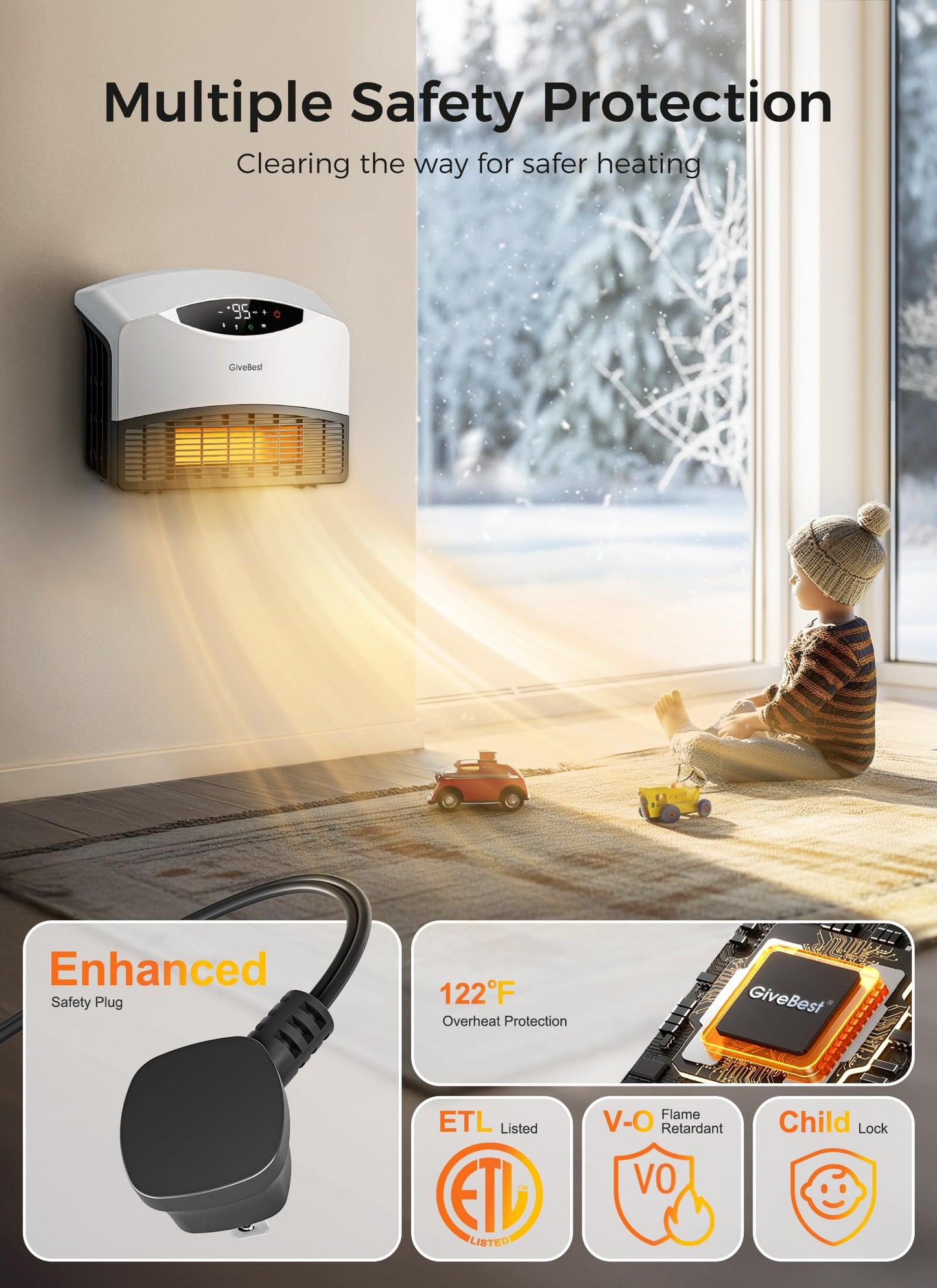GiveBest Electric Wall Heater with WiFi and Remote Control, Floor or Wall Mounted Heater, Large Room Coverage, 3 Heating Modes, 1500W Fast Heating Space with Thermostat for Indoor Room Use, White