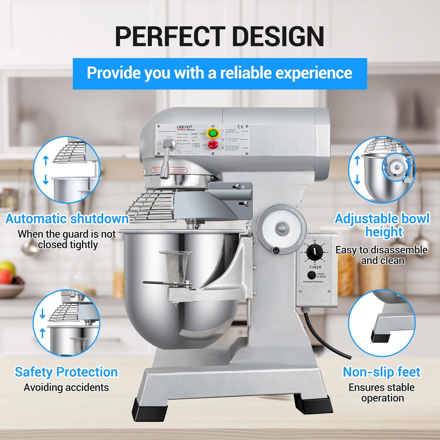 LEEVOT Commercial Mixer 30QT, Heavy Duty Stand Food Mixer, 3-Speed Adjustable Electric Dough Mixer with Stainless Steel Bowl for Home Bakery Pizzeria Restaurant 120V 60HZ