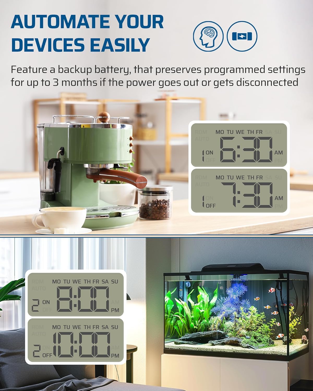 DEWENWILS 8 (4 Timed/4 6ft 15A, Outlet Power Strip with Timer Always On), Indoor Digital Outlet for Reptile Light