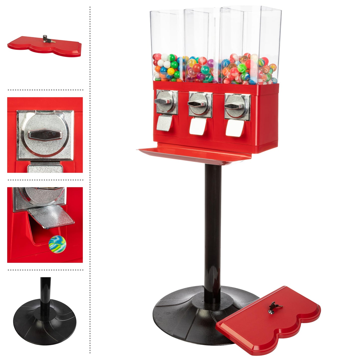 Gumball Machine - Triple Candy Machine Dispenser for Gumballs, Capsules, and Candy - Vending Machines for Business by Great Northern Popcorn (Red)