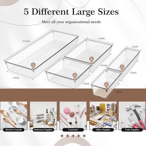Criusia 14 PCS Clear Plastic Drawer Organizer Set | 5 Large Non-Slip Storage Bins for Kitchen & Bathroom