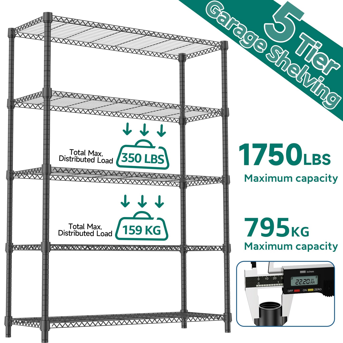 M MZG 1750LBS 47.2" W 5 Tiers Shelf Steel Storage Shelves Shelving Unit Steel Organizer Wire Rack for Home,Kitchen,Office,Garage Black 17.7" D x 47.2" W x 72.4" H