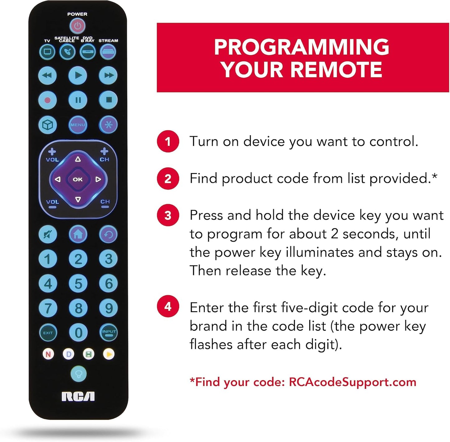 RCA 4-Device Universal Rechargeable Streaming Remote Control for TV, Audio, Soundbar, Streaming Devices, Ultra-Slim