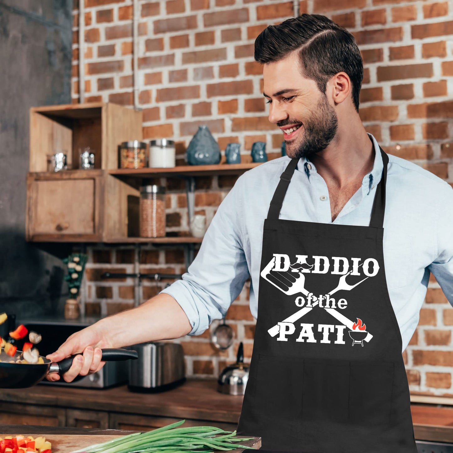 cusugbaso Funny Fathers Day Gift, Grill Aprons for Men with Three Pockets - Daddio of the Patio - Bbq Apron Father's Day, Christmas, Birthday Gifts for Husband, Dad, Men from Daughter, Son, Wife